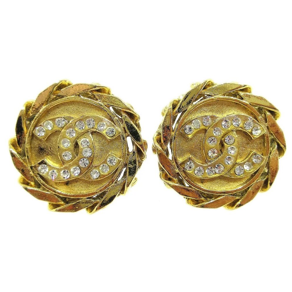 CHANEL CC Logos Button Motif Rhinestone Earrings Clip-On